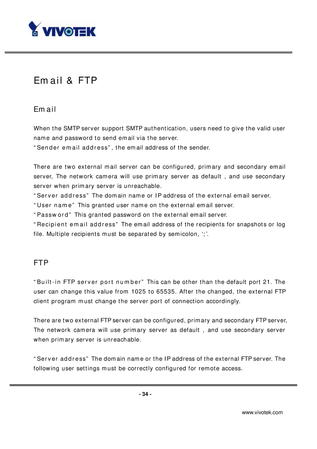 Vivotek ip7135 manual Email & FTP, Ftp 
