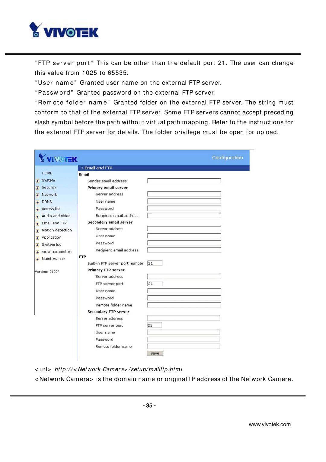 Vivotek ip7135 manual Url http//Network Camera/setup/mailftp.html 