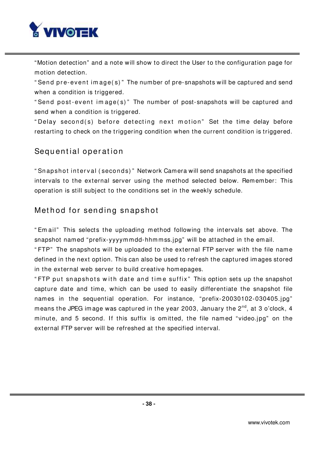 Vivotek ip7135 manual Sequential operation, Method for sending snapshot 