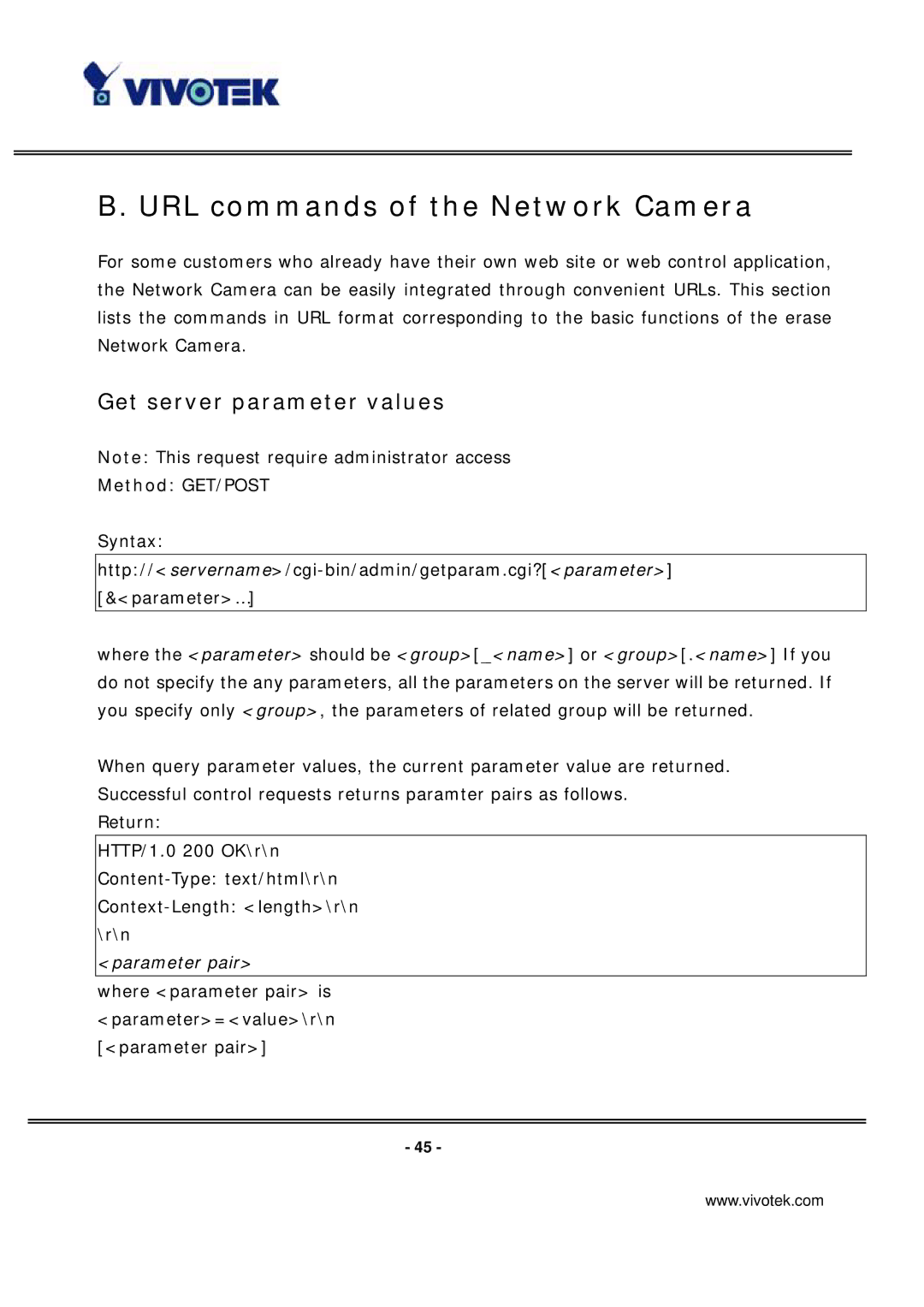 Vivotek ip7135 manual URL commands of the Network Camera, Get server parameter values, Method GET/POST 
