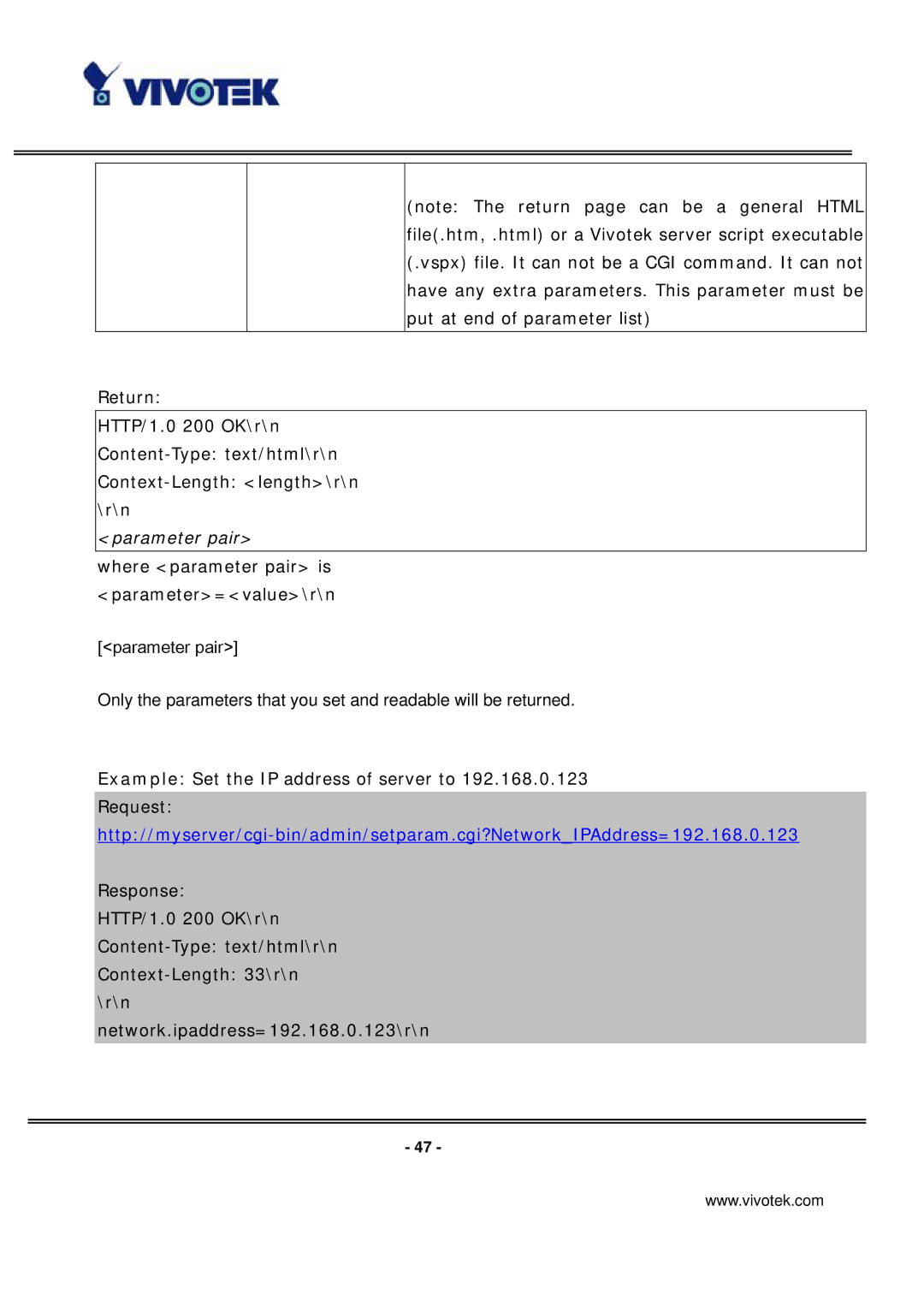 Vivotek ip7135 manual Where parameter pair is parameter=value\r\n 