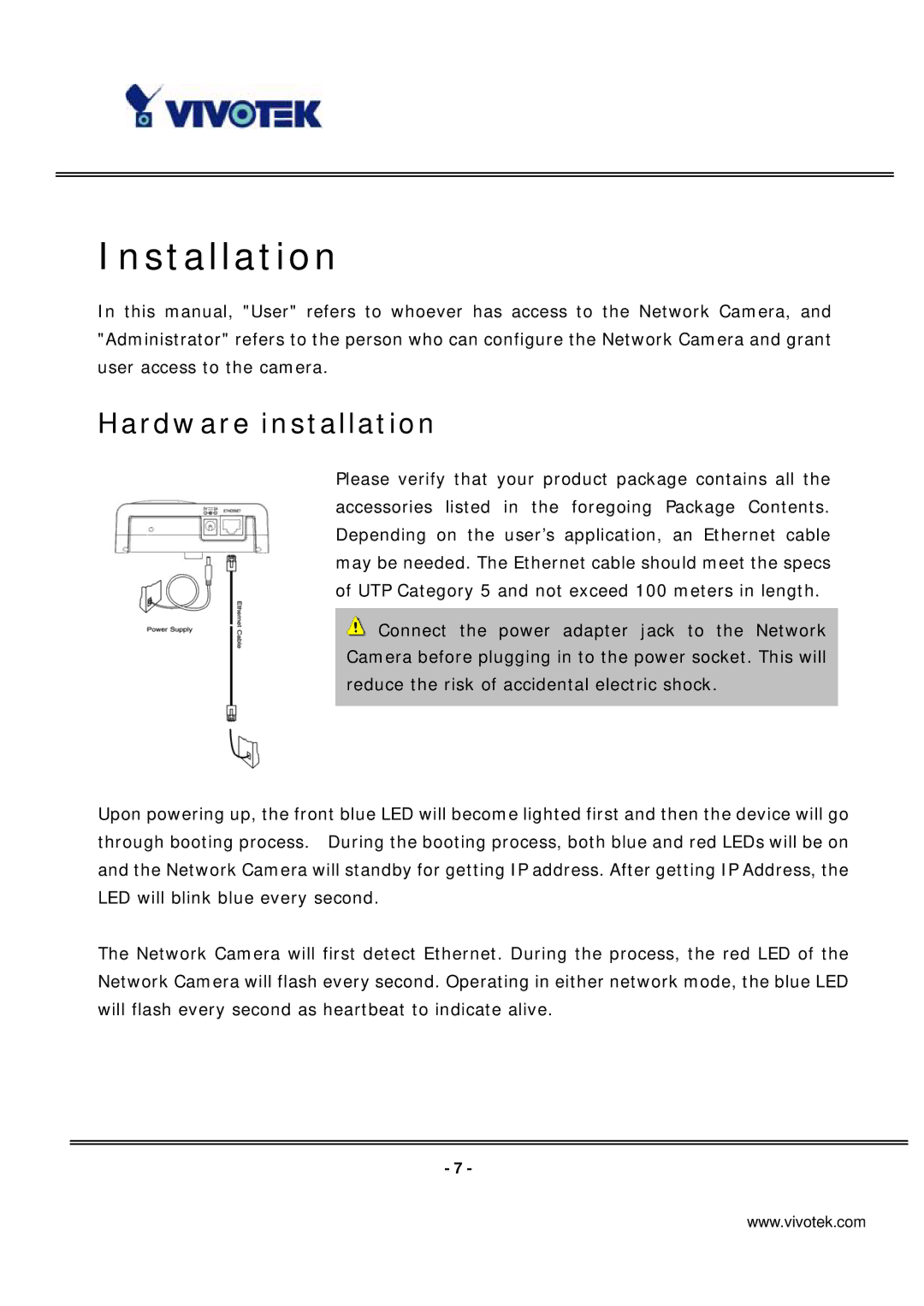 Vivotek ip7135 manual Installation, Hardware installation 