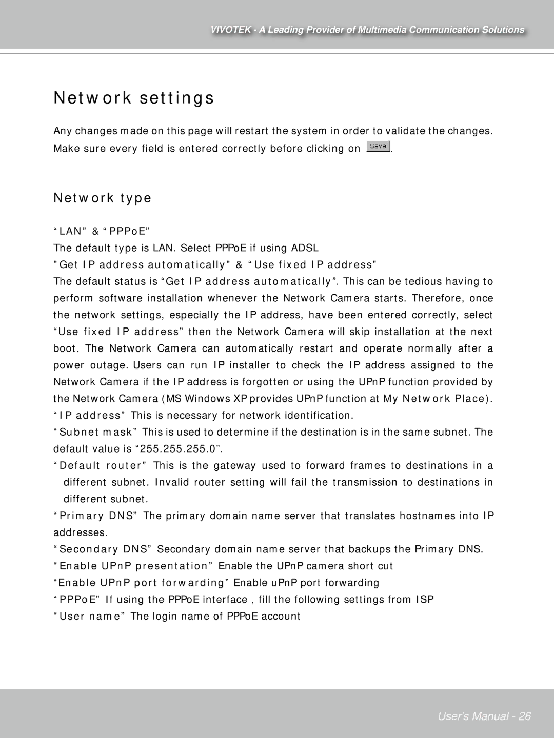 Vivotek IP71353 manual Network settings, Network type, LAN & PPPoE, Get IP address automatically & Use fixed IP address 