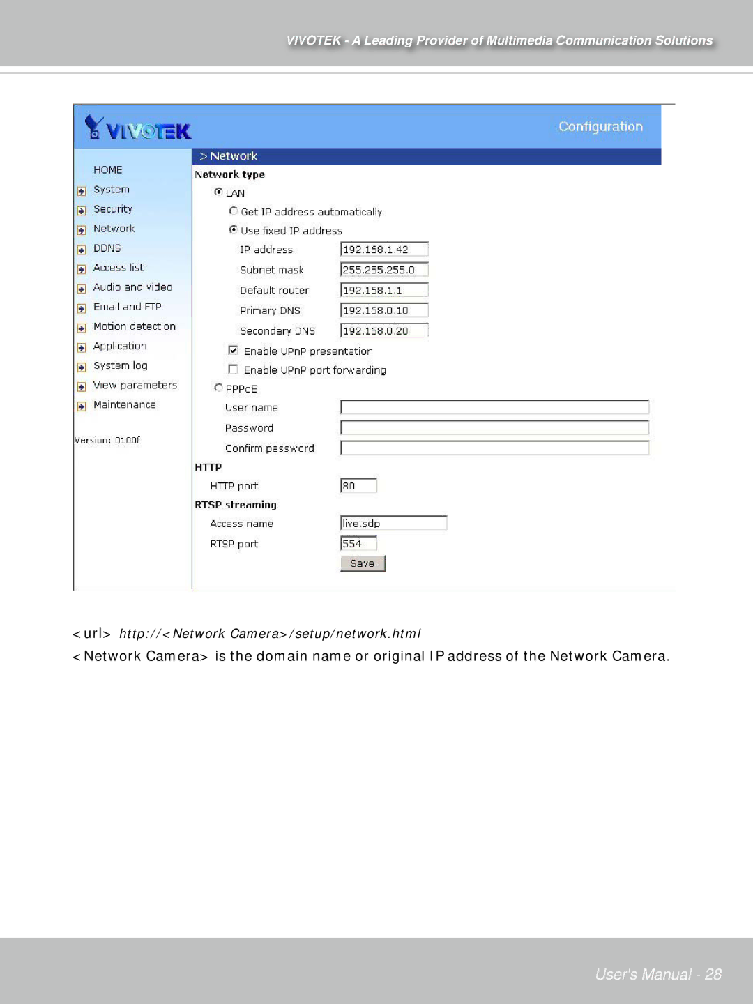 Vivotek IP71353ISMA manual Url http//Network Camera/setup/network.html 