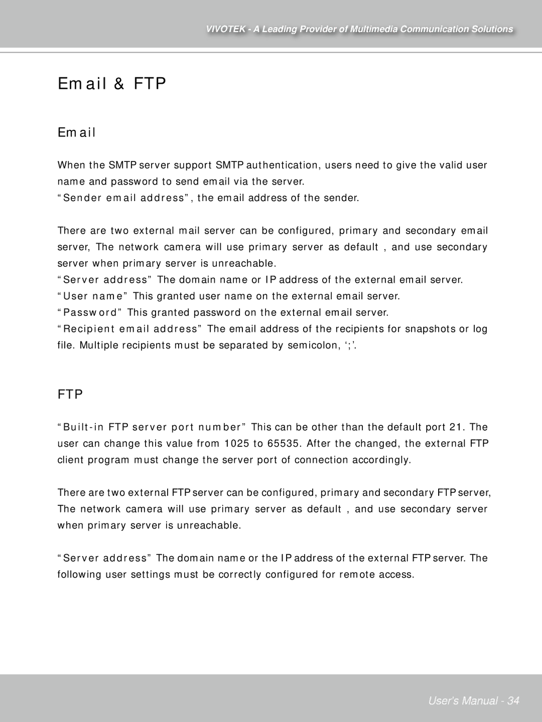 Vivotek IP71353ISMA manual Email & FTP, Ftp 
