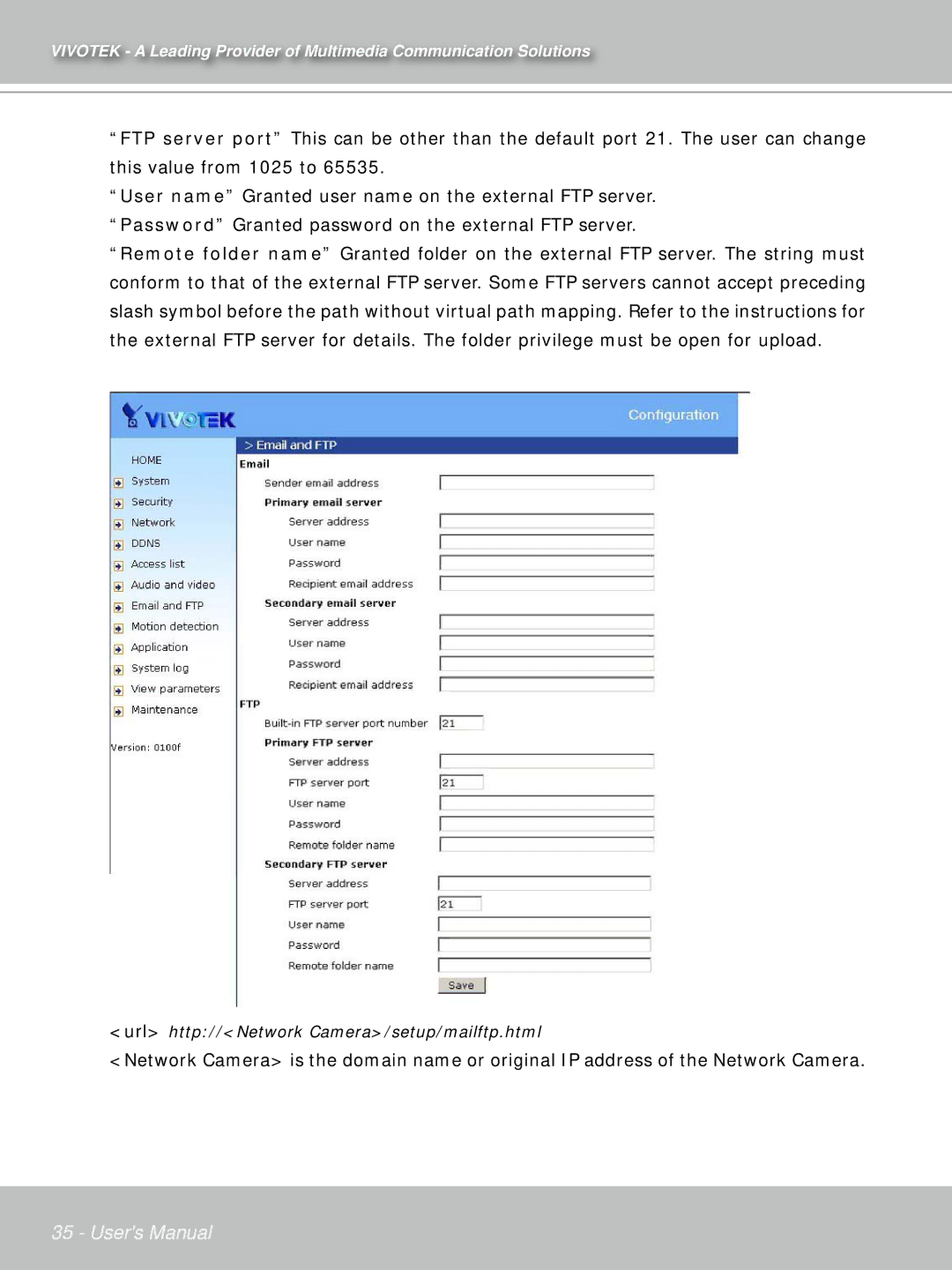 Vivotek IP71353ISMA manual Url http//Network Camera/setup/mailftp.html 