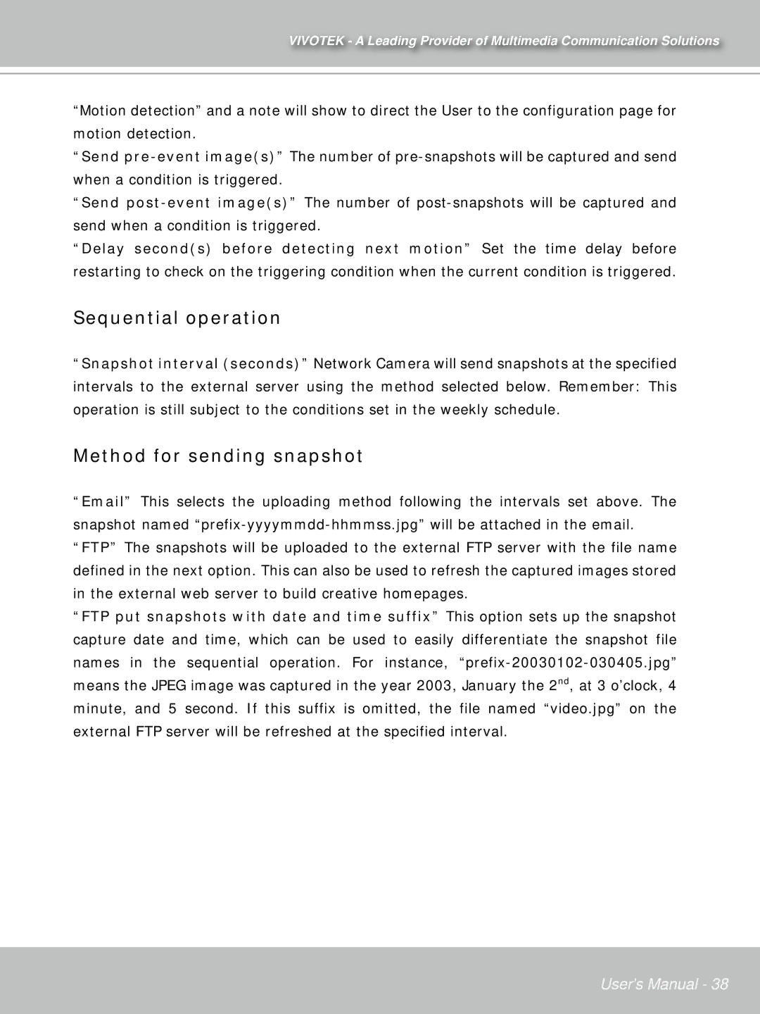 Vivotek IP71353ISMA manual Sequential operation, Method for sending snapshot 