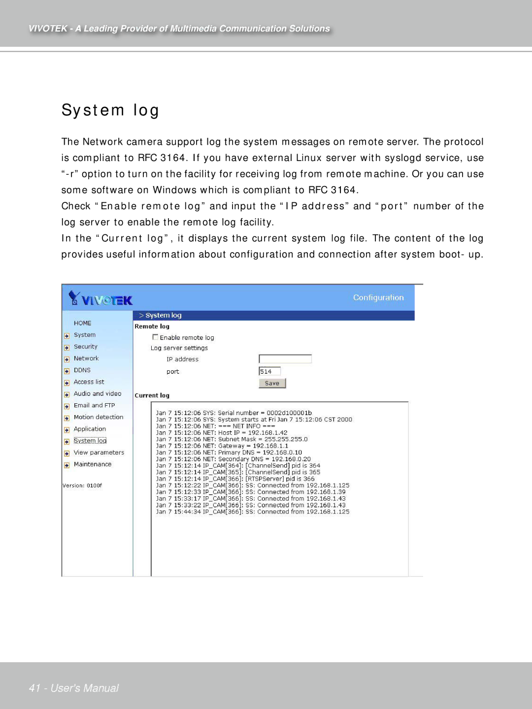 Vivotek IP71353ISMA manual System log 