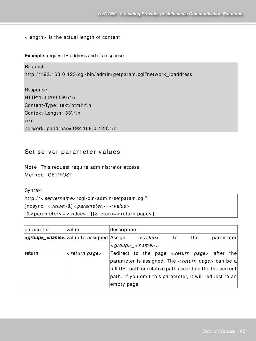 Vivotek IP71353ISMA manual Set server parameter values, Return 