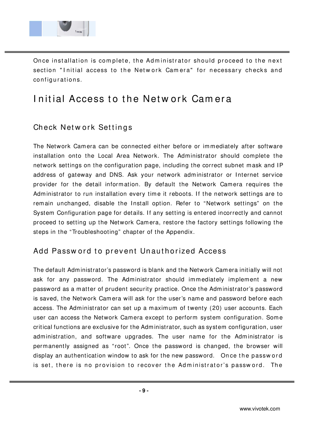 Vivotek IP7137 Initial Access to the Network Camera, Check Network Settings, Add Password to prevent Unauthorized Access 