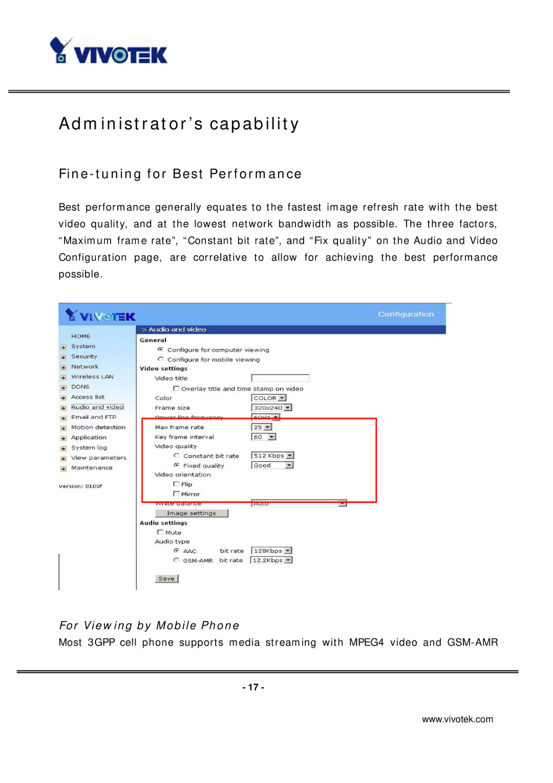 Vivotek IP7137 manual Administrator’s capability, Fine-tuning for Best Performance 