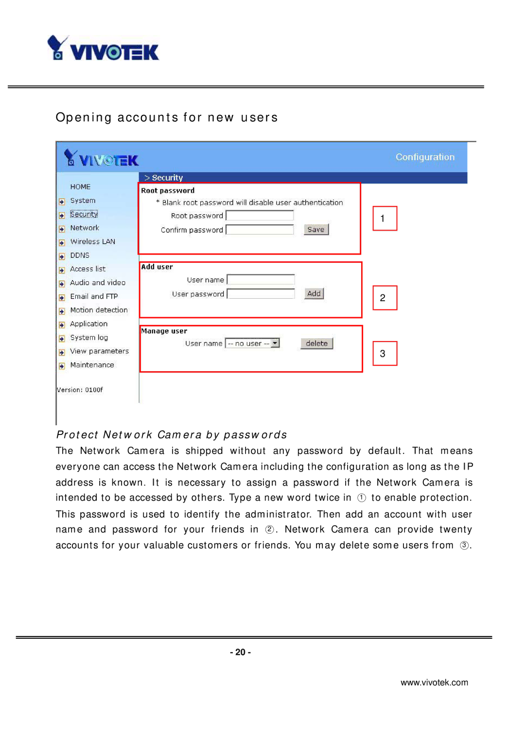 Vivotek IP7137 manual Opening accounts for new users, Protect Network Camera by passwords 