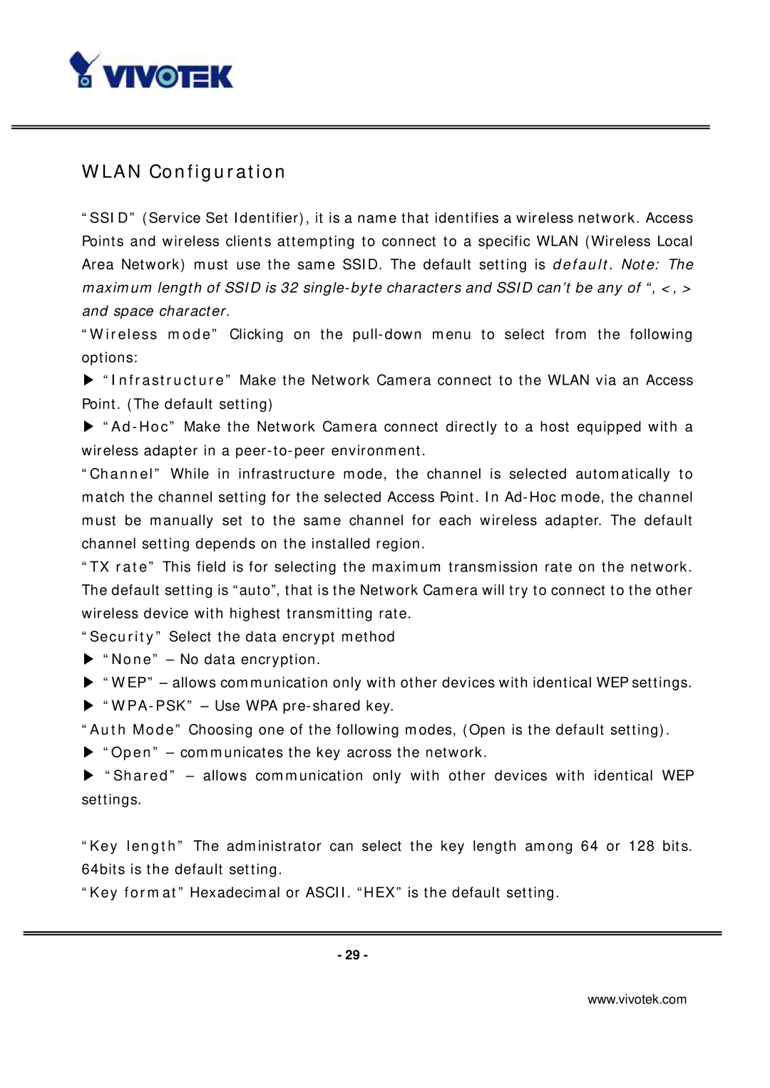 Vivotek IP7137 manual Wlan Configuration 