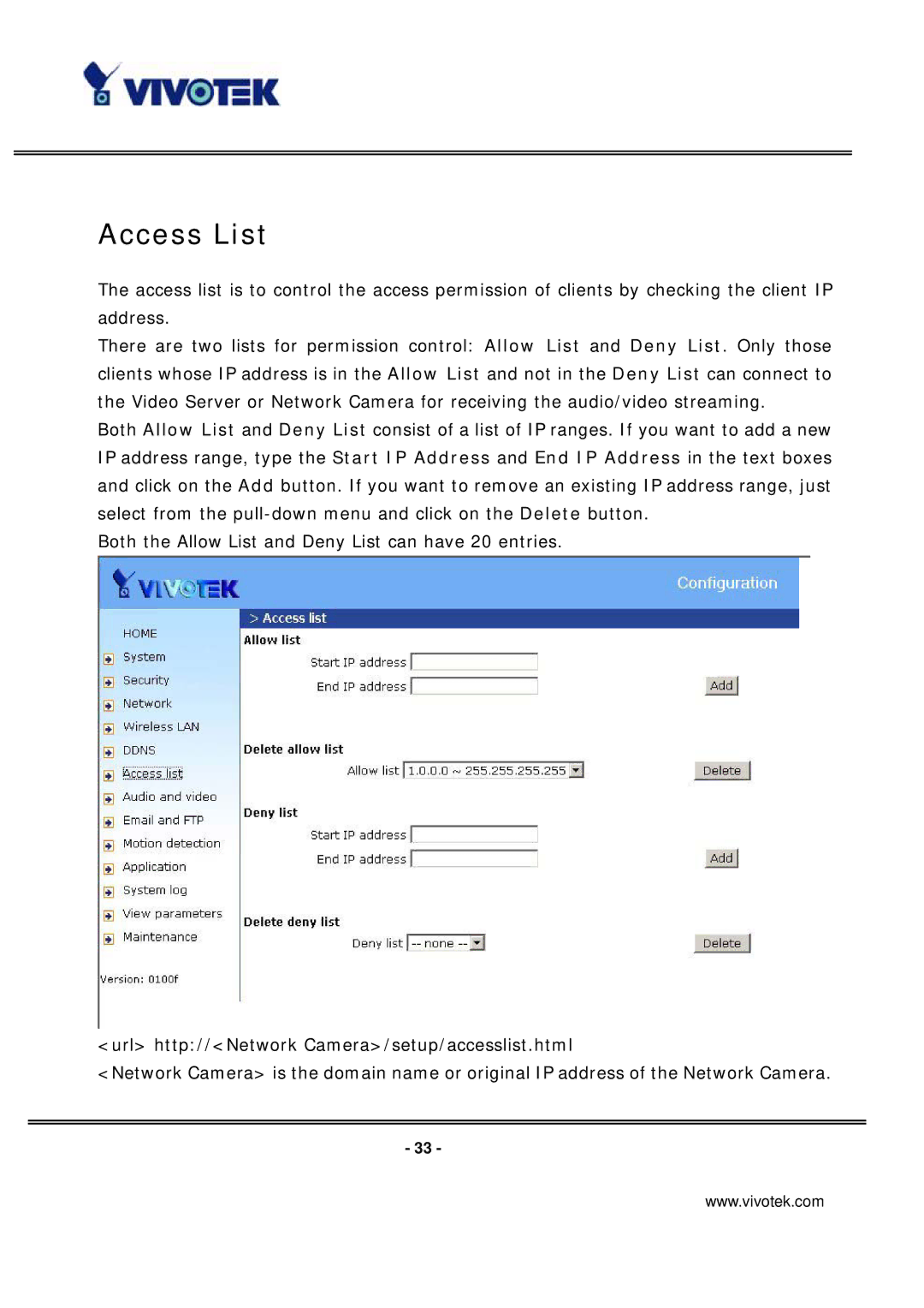 Vivotek IP7137 manual Access List 