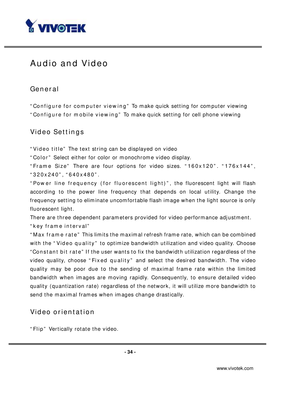 Vivotek IP7137 manual Audio and Video, General, Video Settings, Video orientation, Key frame interval 