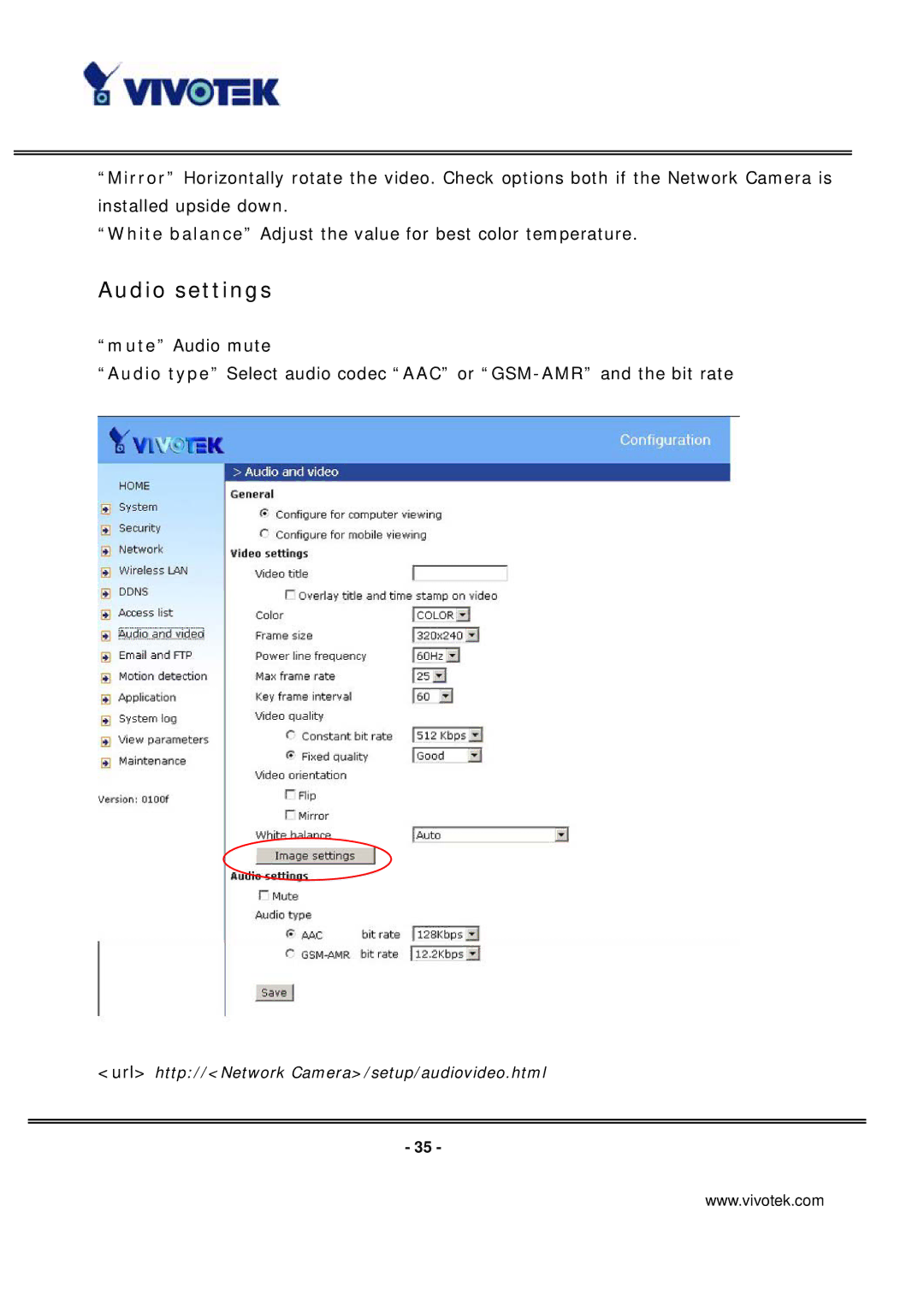 Vivotek IP7137 manual Audio settings 