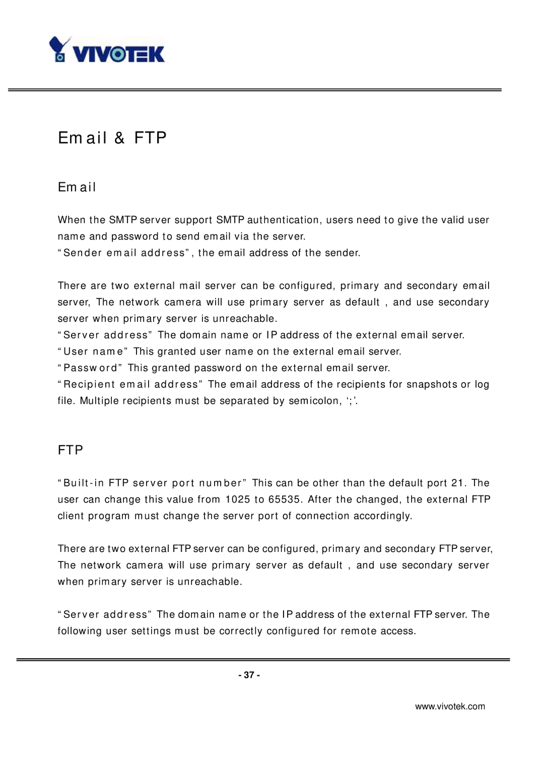 Vivotek IP7137 manual Email & FTP, Ftp 