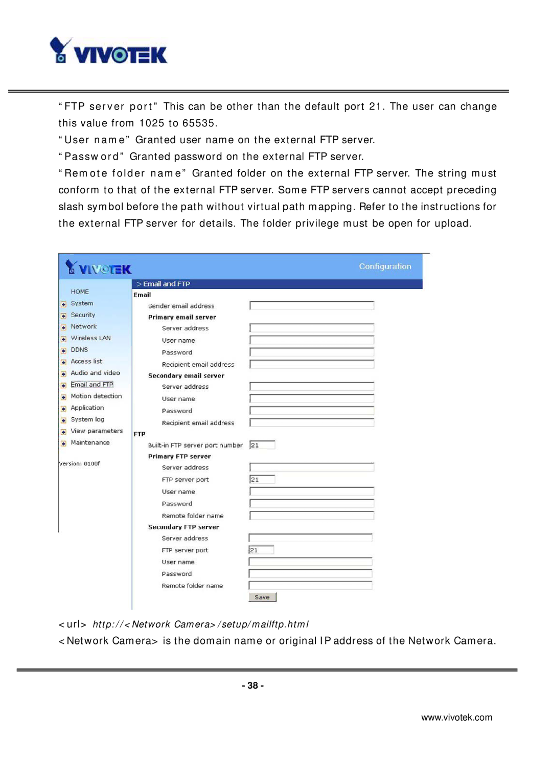 Vivotek IP7137 manual Url http//Network Camera/setup/mailftp.html 