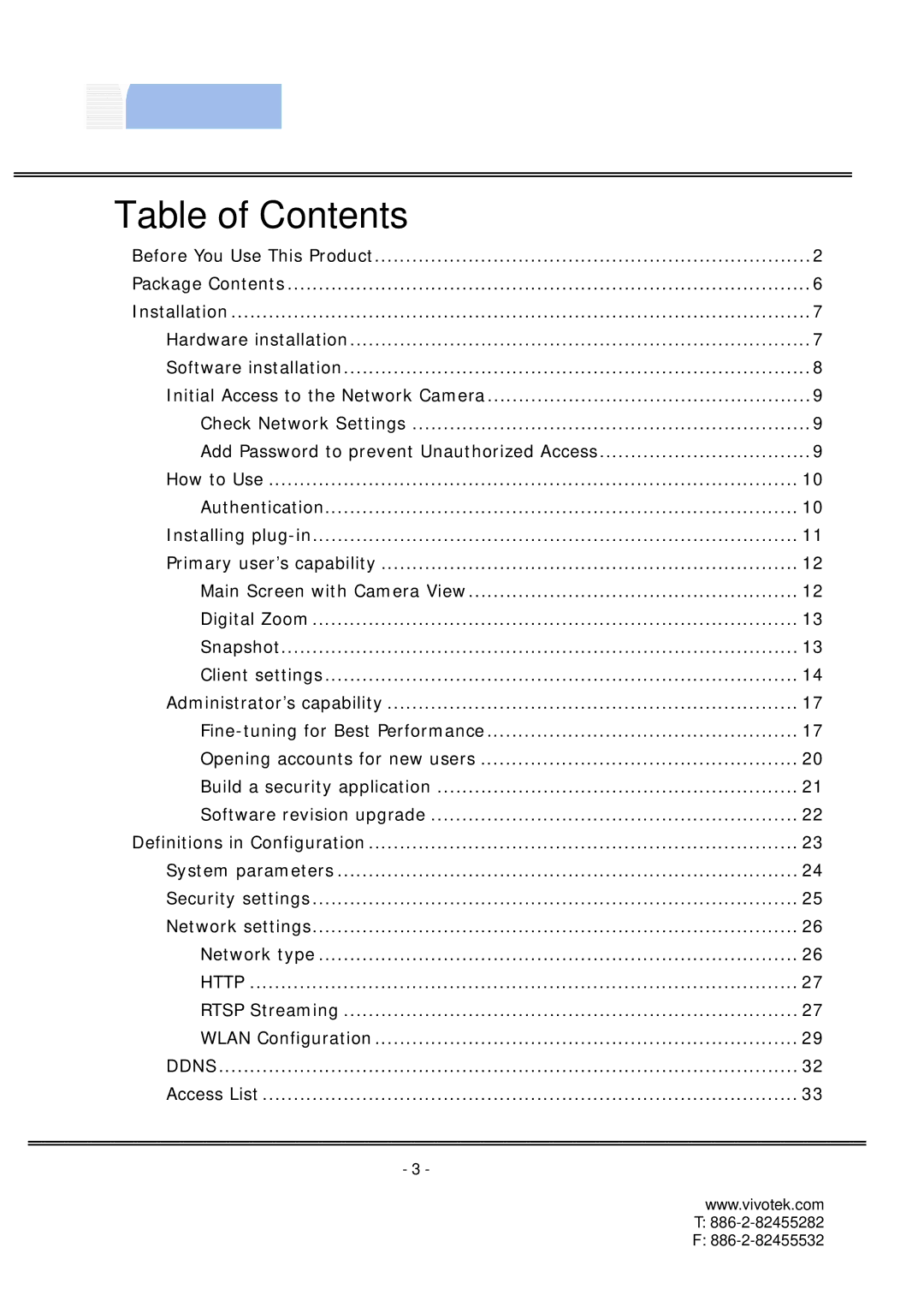 Vivotek IP7137 manual Table of Contents 