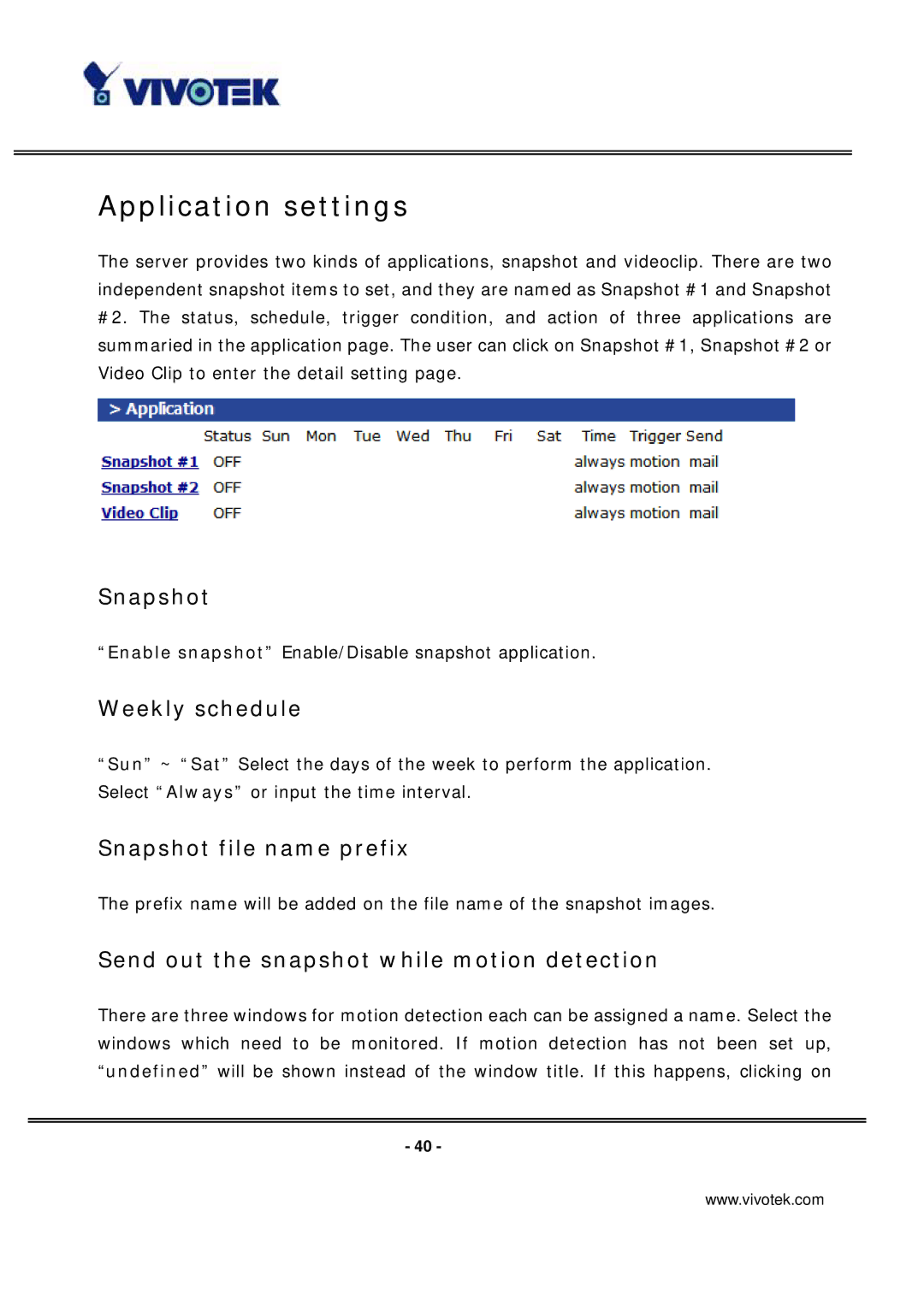 Vivotek IP7137 manual Application settings, Weekly schedule, Snapshot file name prefix 