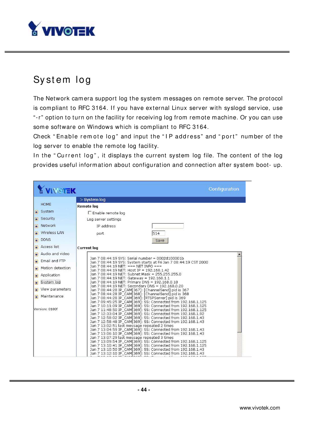 Vivotek IP7137 manual System log 