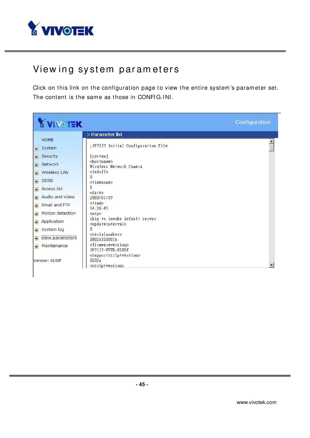 Vivotek IP7137 manual Viewing system parameters 