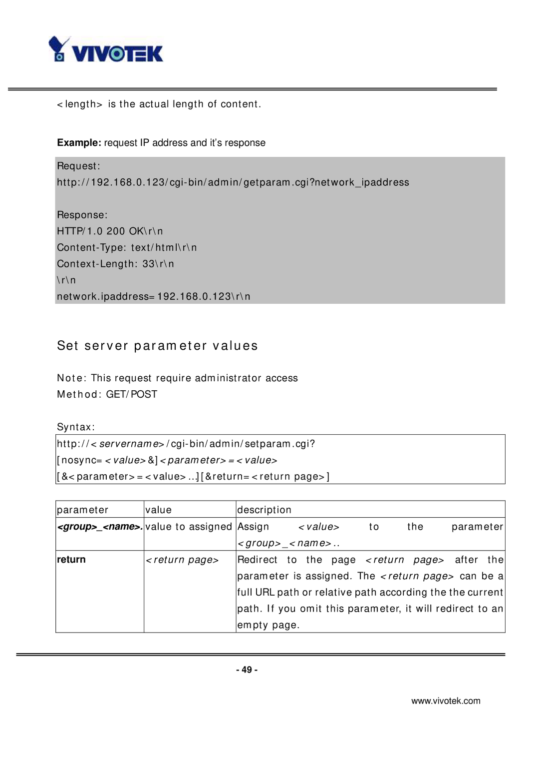 Vivotek IP7137 manual Set server parameter values, Length is the actual length of content 