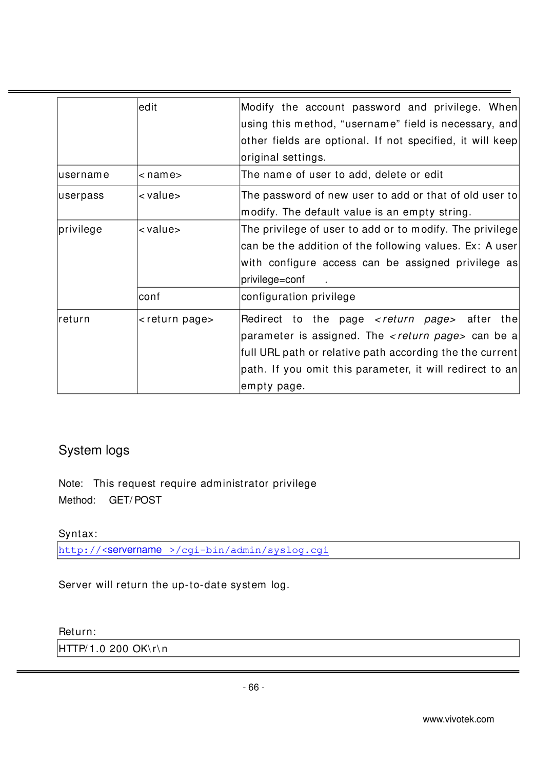 Vivotek IP7137 manual System logs, Privilege=conf 