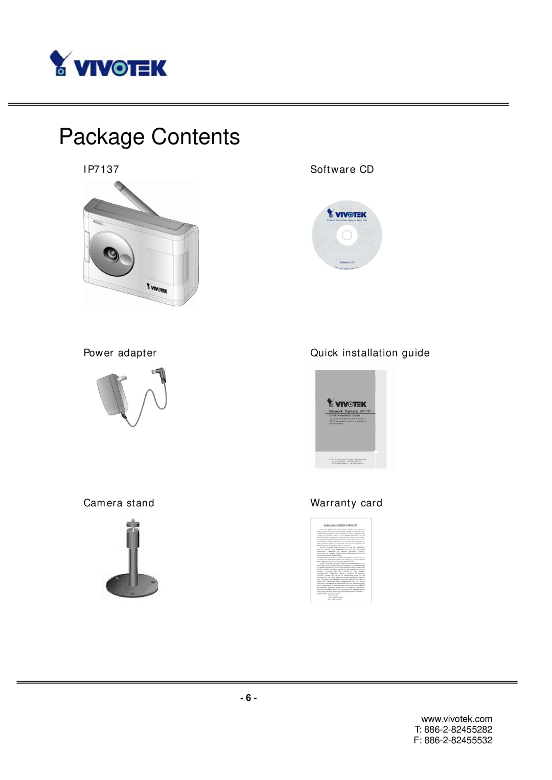 Vivotek IP7137 manual Package Contents 