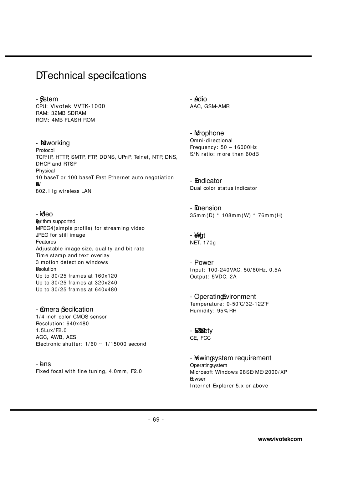 Vivotek IP7137 manual Technical specifications, Networking 