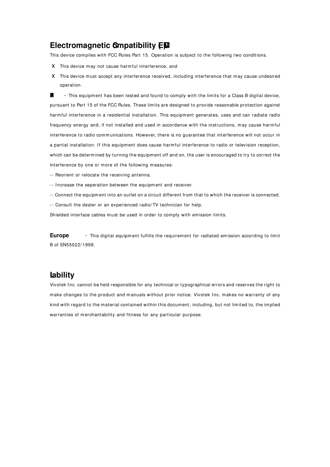 Vivotek IP7137 manual Electromagnetic Compatibility EMC, Liability 