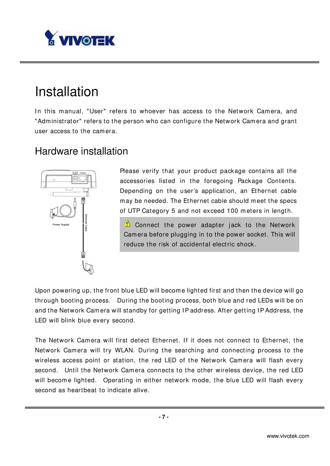 Vivotek IP7137 manual Installation, Hardware installation 