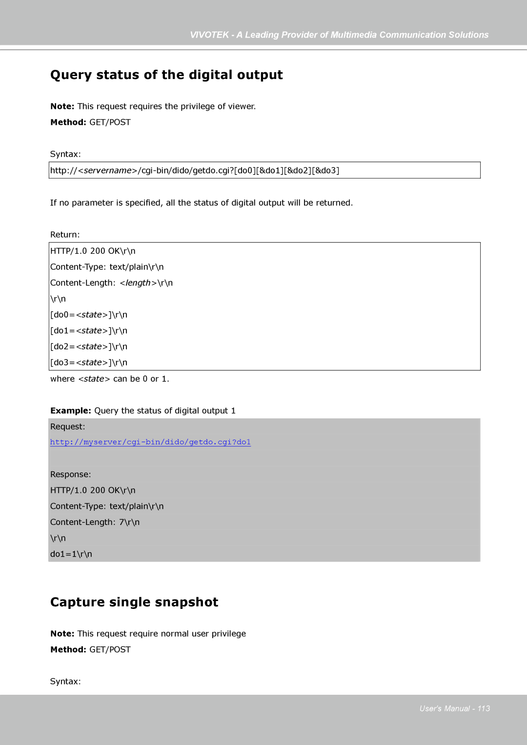 Vivotek IP7138, IP7139 manual Query status of the digital output, Capture single snapshot 