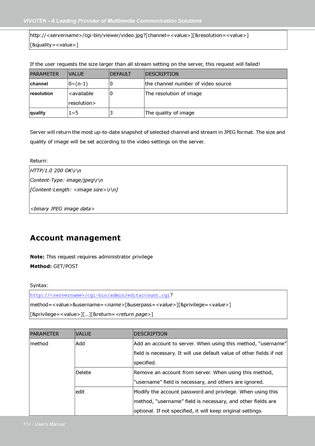 Vivotek IP7139, IP7138 manual Account management, Quality 