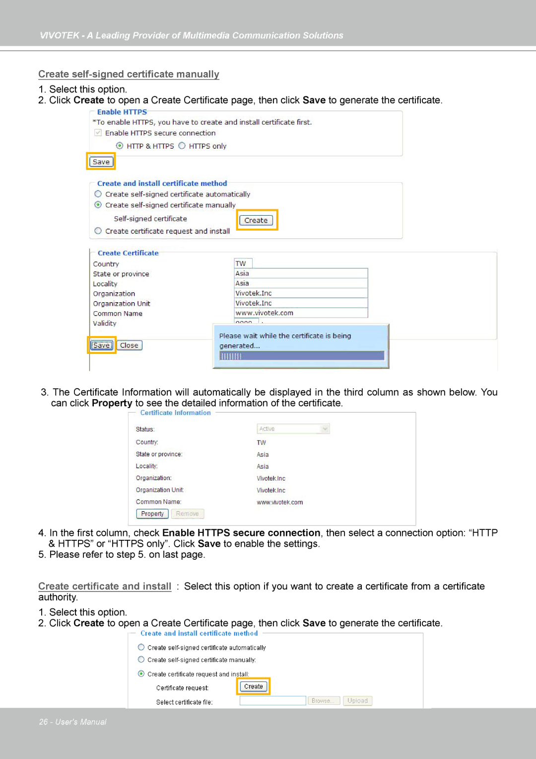 Vivotek IP7139, IP7138 Create self-signed certificate manually 