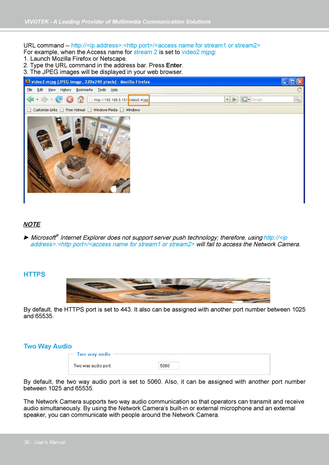 Vivotek IP7139, IP7138 manual Https, Two Way Audio 