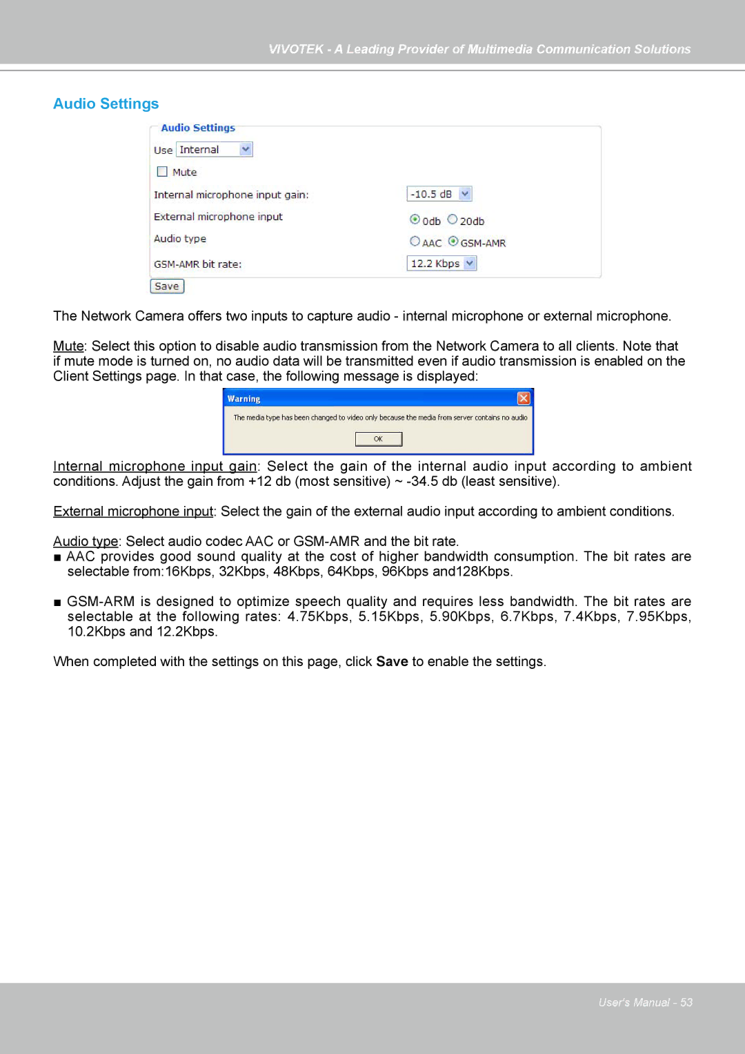 Vivotek IP7138, IP7139 manual Audio Settings 