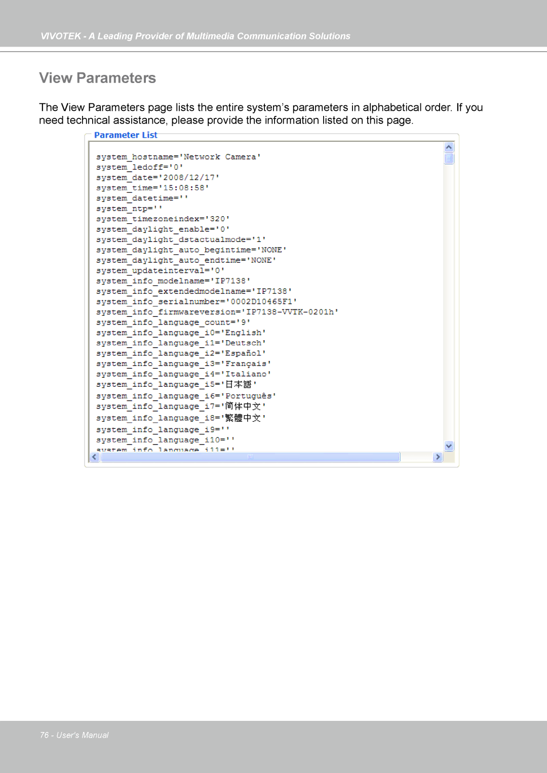 Vivotek IP7139, IP7138 manual View Parameters 