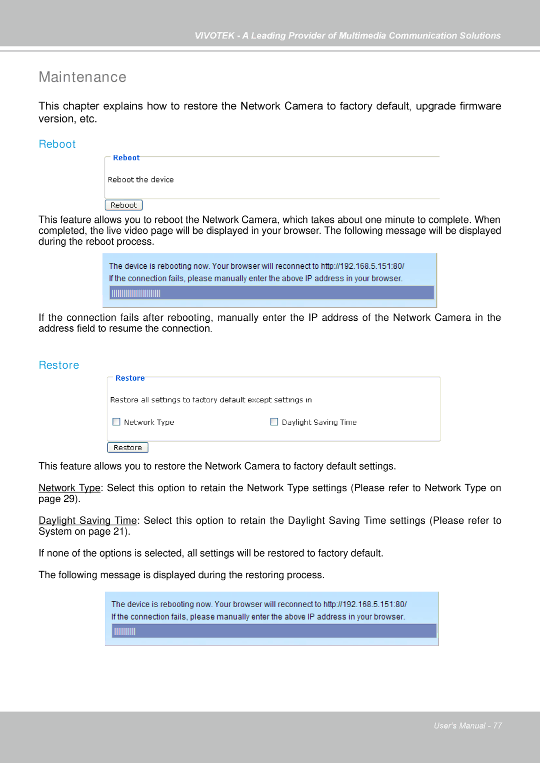 Vivotek IP7138, IP7139 manual Maintenance, Reboot, Restore 