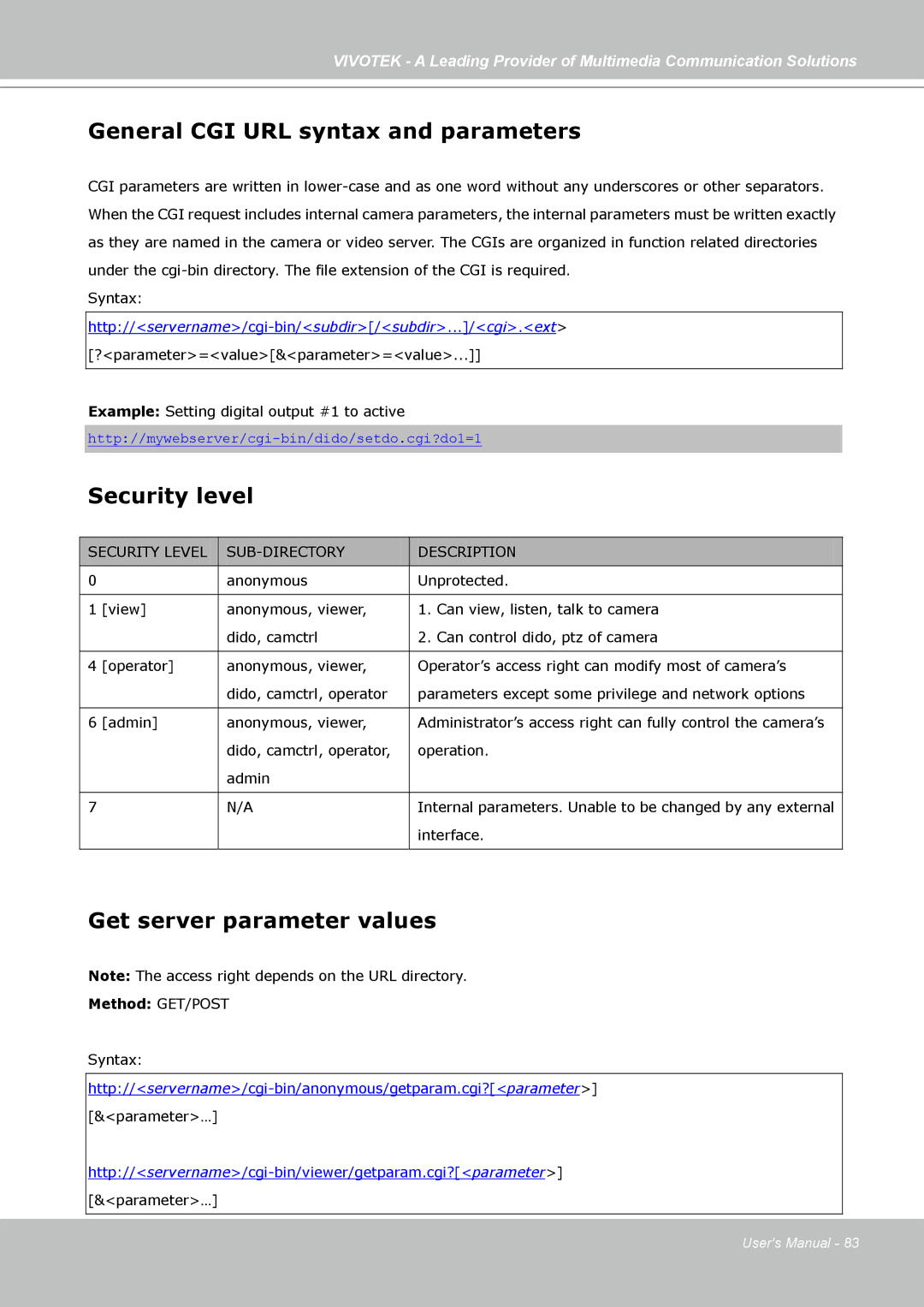 Vivotek IP7138, IP7139 manual General CGI URL syntax and parameters, Security level, Get server parameter values 