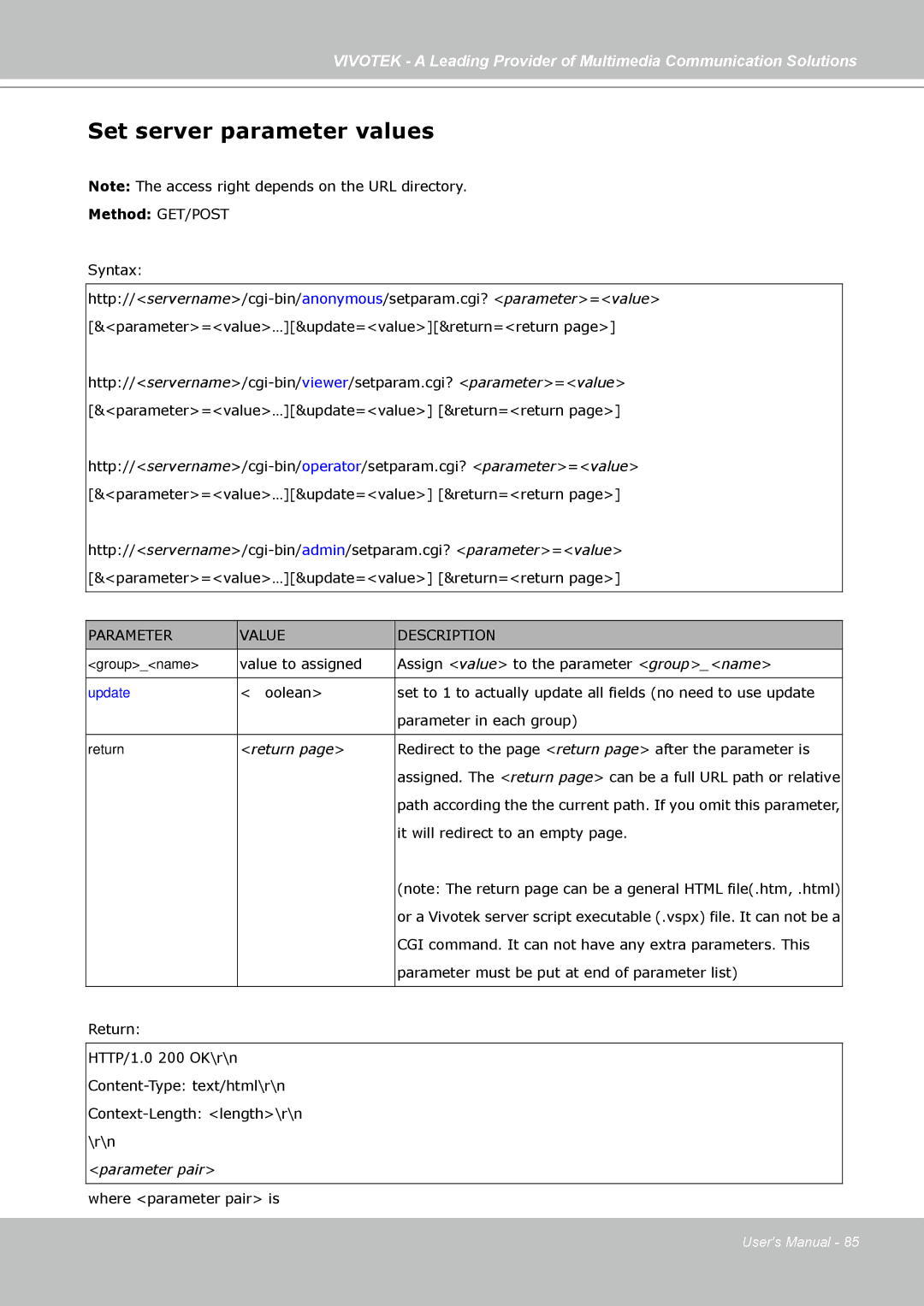 Vivotek IP7138, IP7139 manual Set server parameter values, Update 