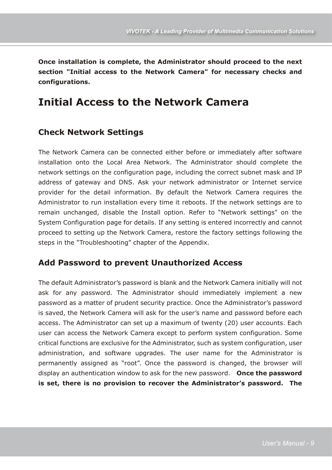 Vivotek IP7139 Initial Access to the Network Camera, Check Network Settings, Add Password to prevent Unauthorized Access 