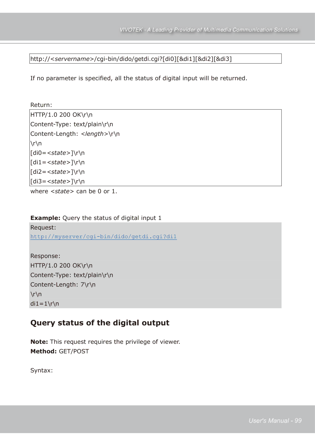 Vivotek IP7139 manual Query status of the digital output 