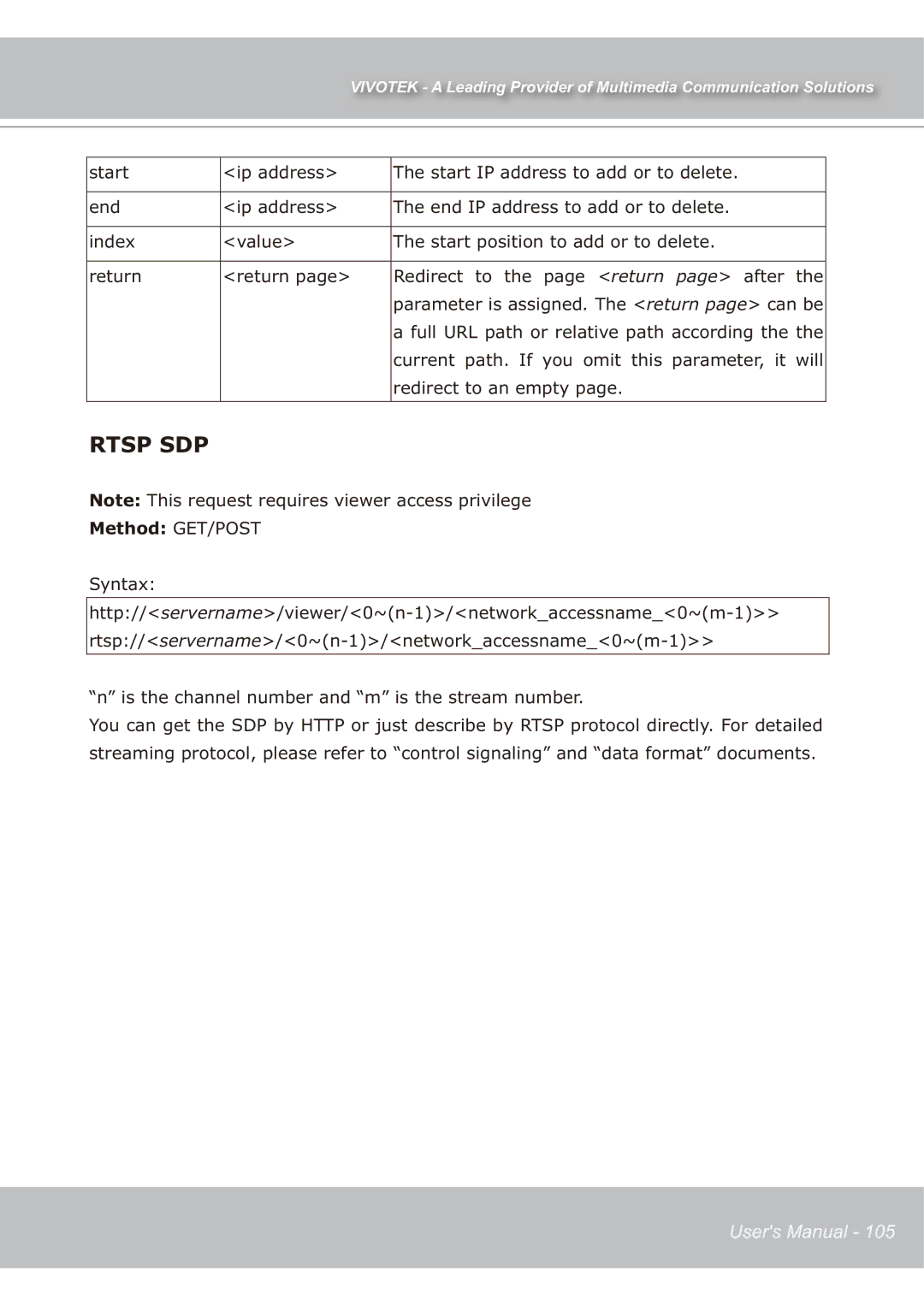 Vivotek IP7139 manual Rtsp SDP 