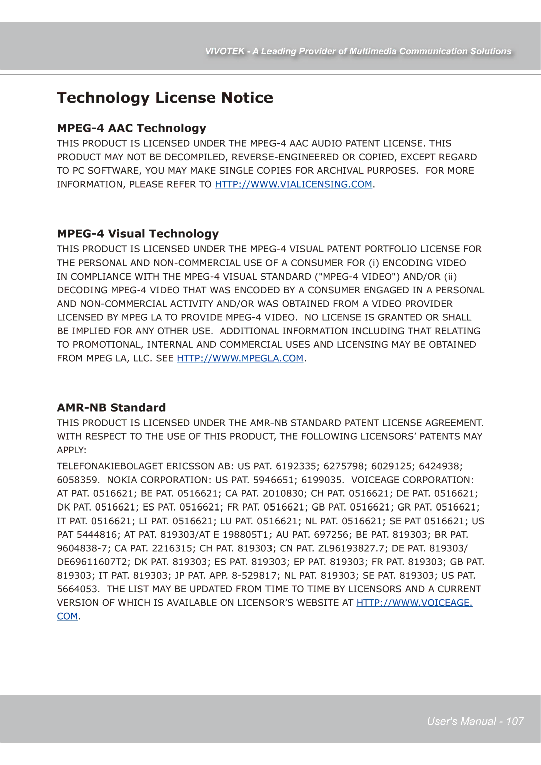 Vivotek IP7139 manual Technology License Notice 