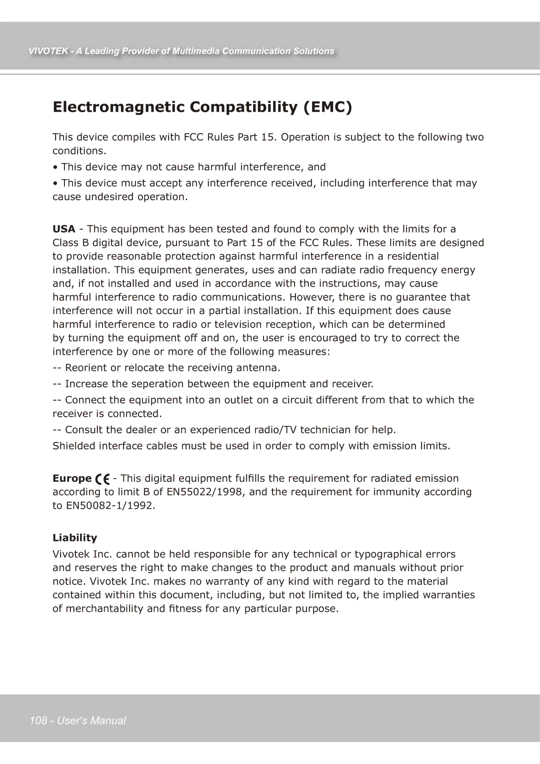 Vivotek IP7139 manual Electromagnetic Compatibility EMC, Liability 