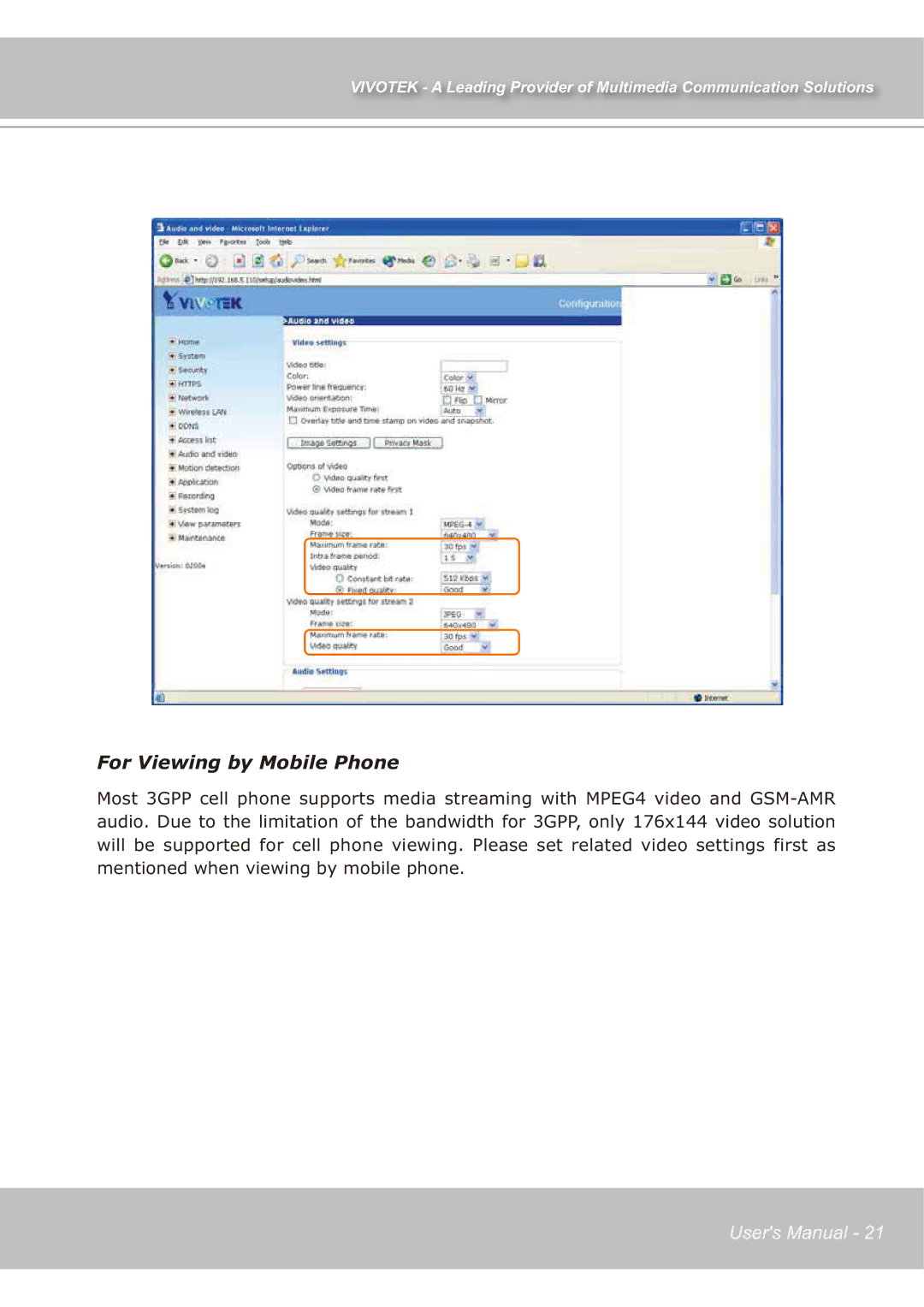 Vivotek IP7139 manual For Viewing by Mobile Phone 