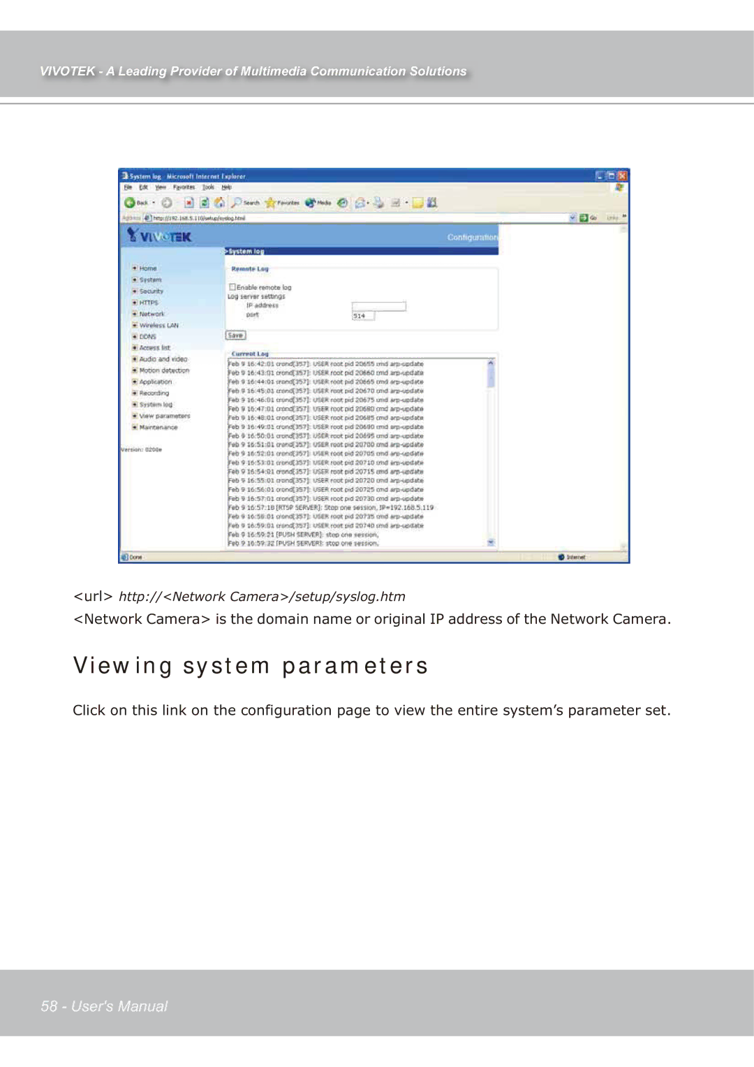 Vivotek IP7139 manual Viewing system parameters 