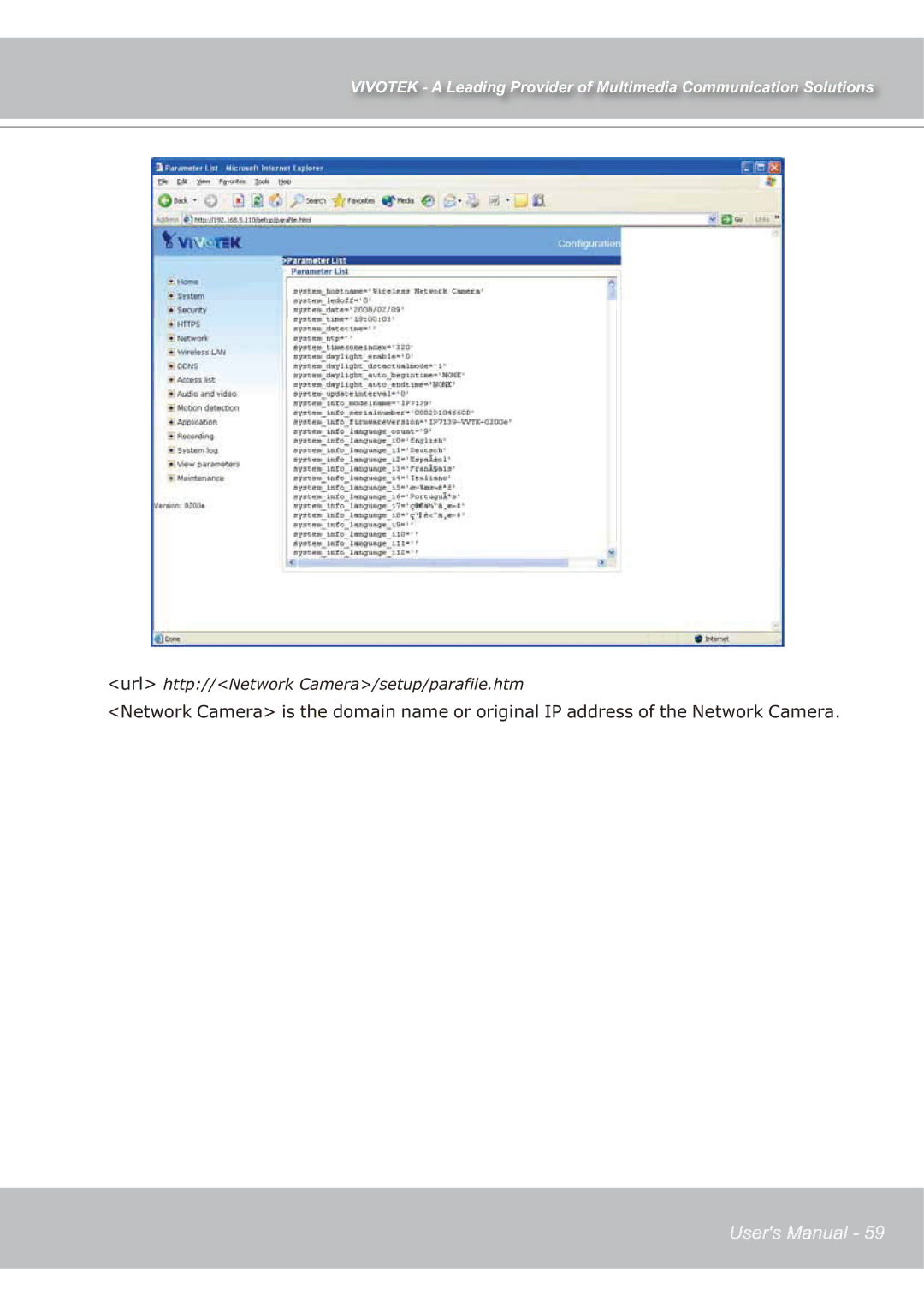 Vivotek IP7139 manual Url http//Network Camera/setup/parafile.htm 