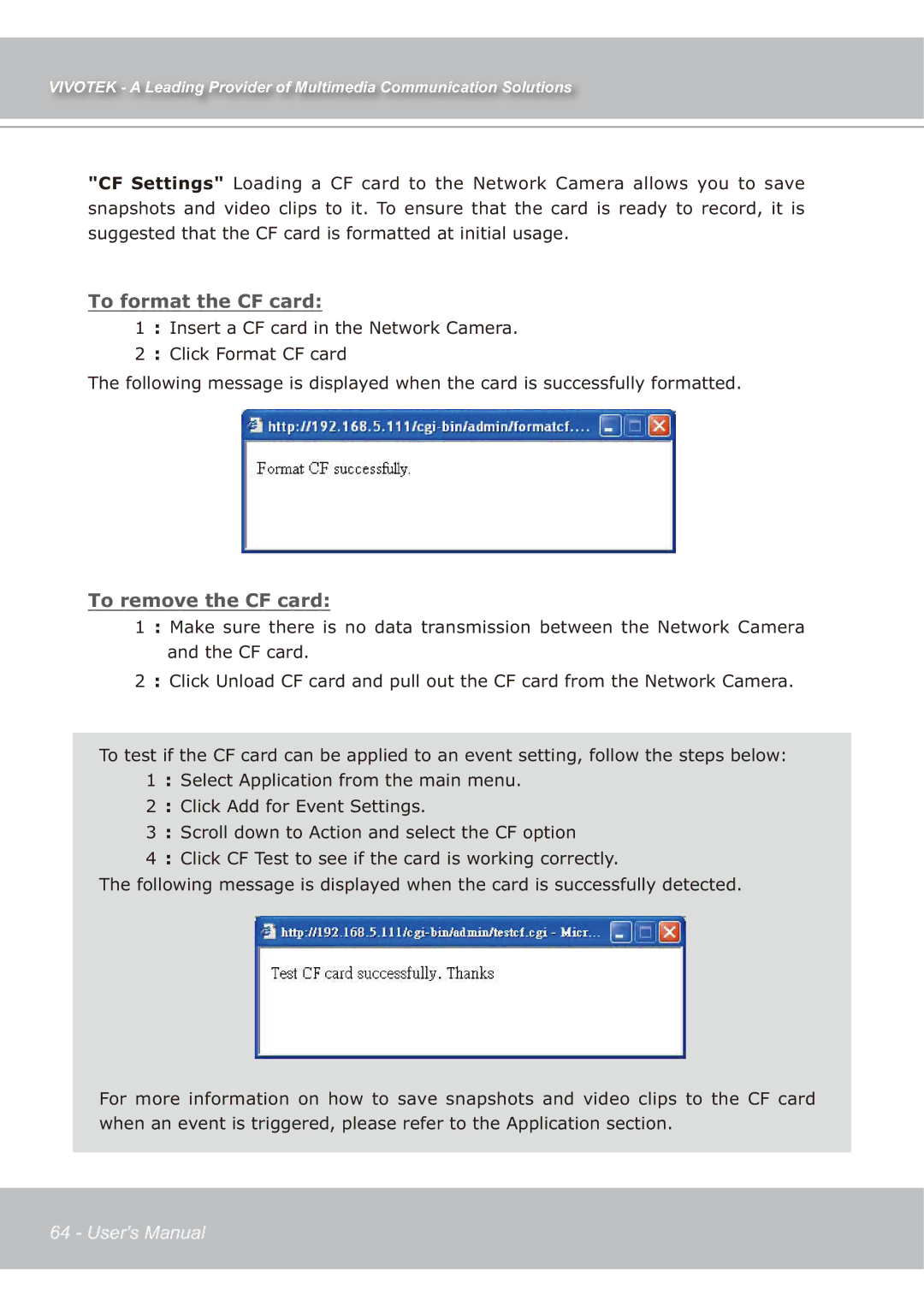 Vivotek IP7139 manual To format the CF card 